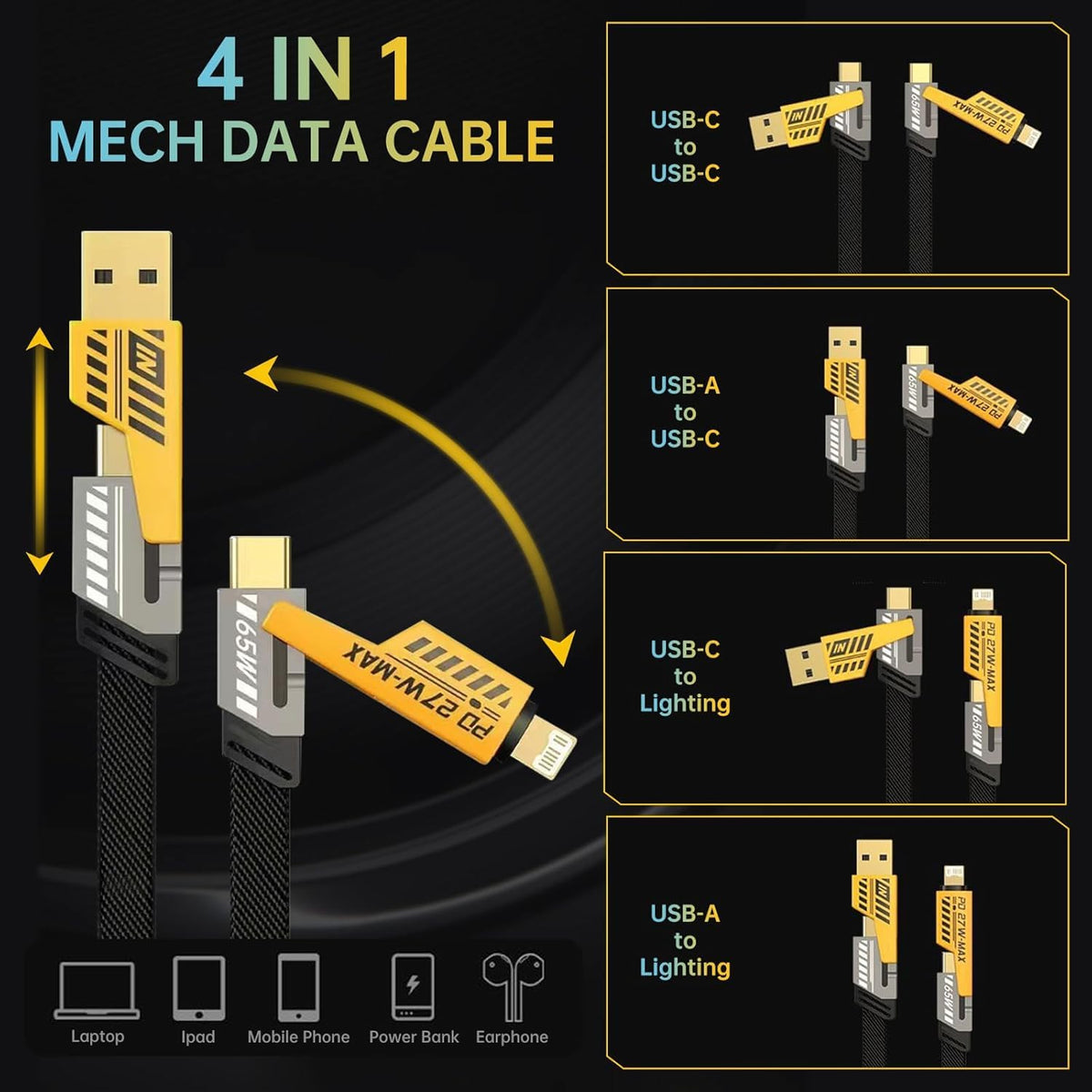 4-in-1 Mech High Speed Data Cable Durable Reliable Fast Charging Stable Transfer