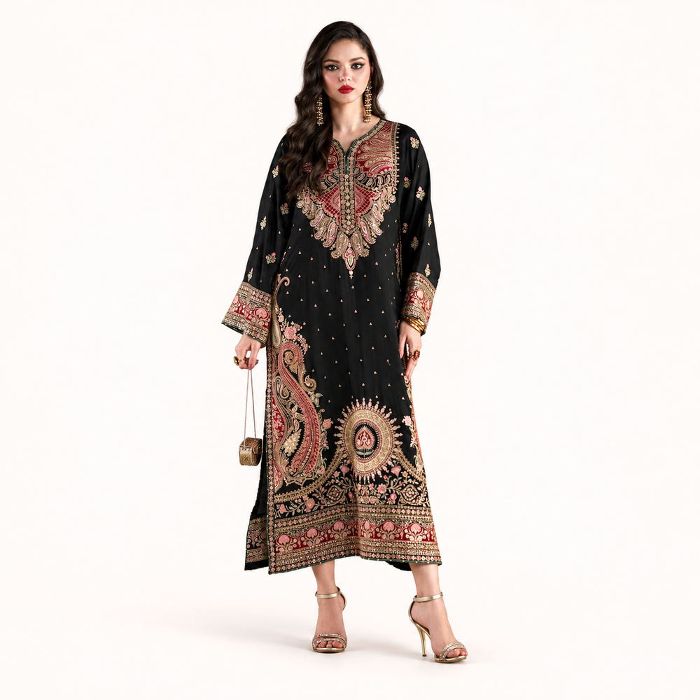 Black embroidered silk kaftan 3-piece suit
