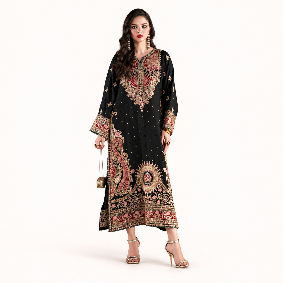 Black embroidered silk kaftan 3-piece suit