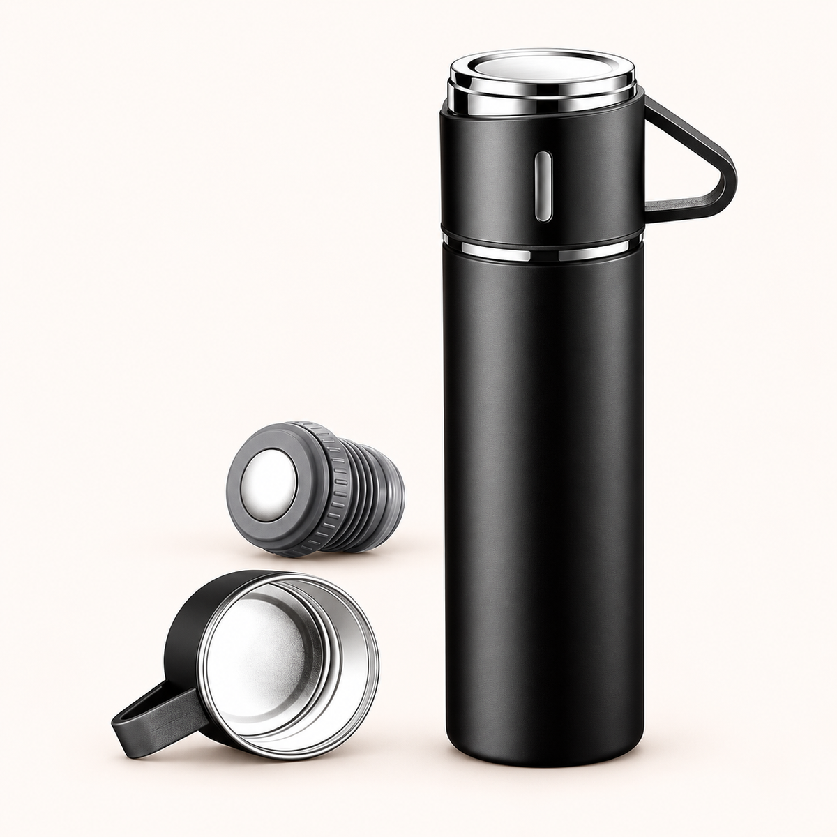 Black insulated stainless steel bottle with cups
