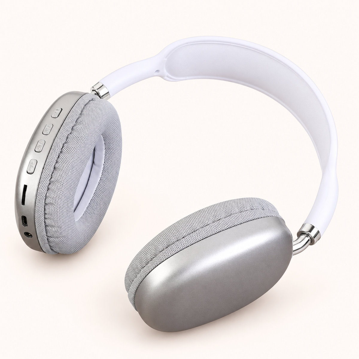P9 wireless Bluetooth headphones in silver and white