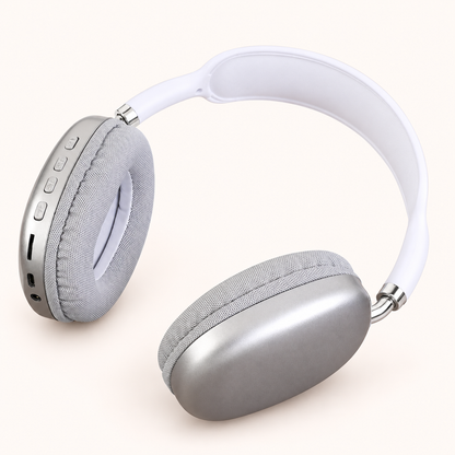 P9 wireless Bluetooth headphones in silver and white